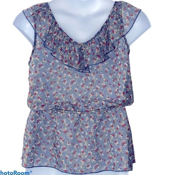 Maurices Sheer Floral Button-Up Top Large – Peplum Hem, Sleeveless - Picture 5 of 14